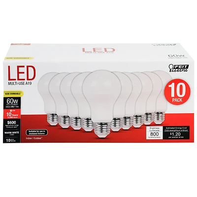 LED Light Bulbs, A19, Warm White, 800 Lumens, 9.5-Watts, 10-Pk.