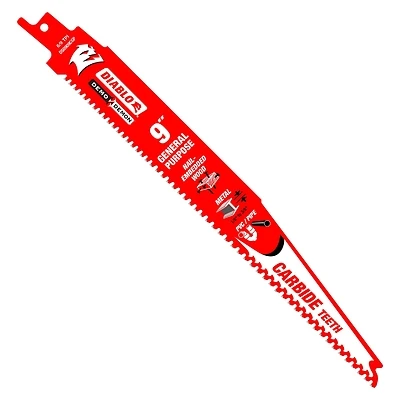 Diablo Demo Demon DS0909CGP10 Reciprocating Saw Blade, 1 in W, 9 in L, 6, 9 TPI, Carbide Cutting Edge