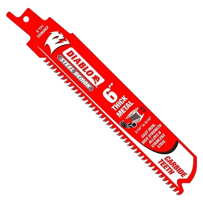 Diablo Steel Demon DS0608CF10 Reciprocating Saw Blade, 1 in W, 6 in L, 8 TPI, Carbide Cutting Edge