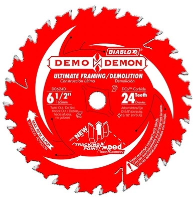 Diablo Demo Demon Amped D0624DA Framing Saw Blade, 6-1/2 in Dia, 5/8 in Arbor, 24-Teeth, Carbide Cutting Edge