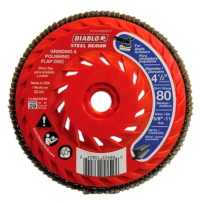 Diablo Steel Demon DCX045080B01F Flap Disc, 4-1/2 in Dia, 5/8-11 Arbor, 80 Grit, Medium, Zirconium Abrasive