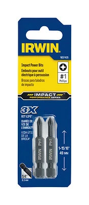 Irwin 1837435 Impact Performance Phillips #1 Power Bit, 2 In., Steel, 2 Pc