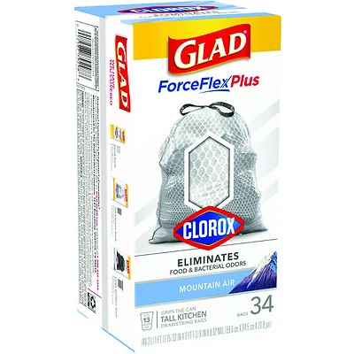 Glad ForceFlex Plus 79298 Tall Kitchen Trash Bags, 13 Gal., Mountain Air, 34-Count