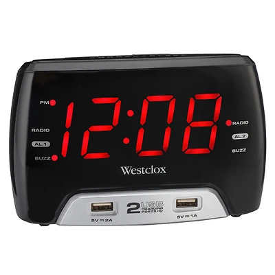 Westclox 80227WM USB Clock Radio, Dual Alarms, 1.4 In. Display, Black