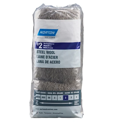 Norton 07660768117 Steel Wool Pad, 2 Grade Medium/Coarse, 2.5 x 4 In., 12-Pk.