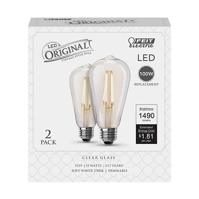 Feit ST19 LED Filament Bulb, 100W Equivalent, Soft White, 2-Pack