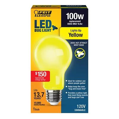Feit Electric A19100/BUG/LED LED Bug Light Bulb, Yellow, 100W Equivalent, 800 Lumens