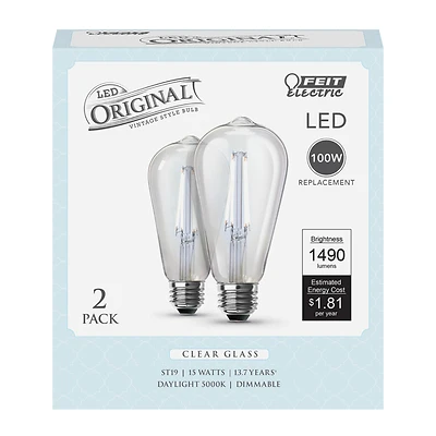 Feit ST19100CL950CA2 E26 LED Filament Bulb, Daylight, 100W Equiv, 2-Pack