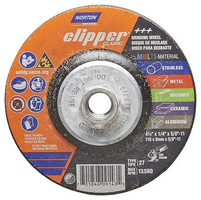 Clipper 4-1/2 In. D X 1/4 In. Thick X 5/8-11 In. Classic Grinding Wheel 1 Pk
