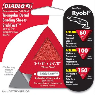 Diablo DETTRIVGPP10G Sanding Sheet Assorted Pack, 2-7/8 in W, 2-7/8 in L, 60, 100, 150 Grit, Aluminum Oxide Abrasive