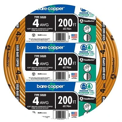 Bare Copper Grounding Wire, 4-Gauge, 200 Ft.