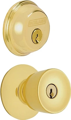 Schlage FB50NVBEL505 Bright Brass Bell Knob Lockset & Deadbolt, Keyed Alike