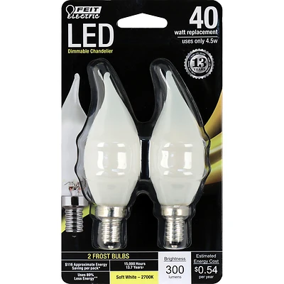 LED Chandelier Light Bulbs, Flame Tip, Soft White, 300 Lumens, 4.5-Watts, 2-Pk.