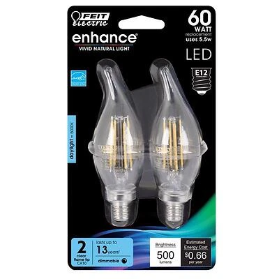 Feit Electric LED Chandelier Bulb, Flame Tip, 500 Lumens, 6W, 2-Pk.