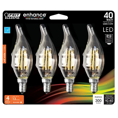 LED Chandelier Light Bulbs, Flame Tip, DayChandelier Light, 300 Lumens, 3.3-Watts, 4-Pk.