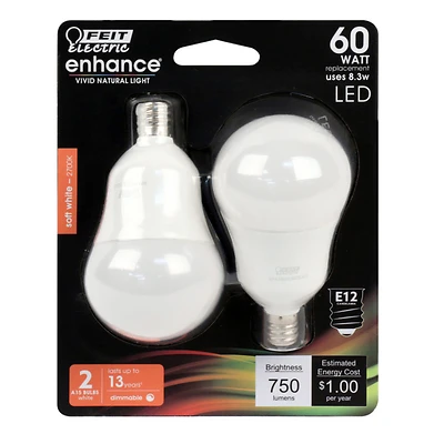 Feit Electric BPA1560C927CA2 LED A15 Bulb, E12 Base, 60W Equivalent, Soft White, 2-Pk