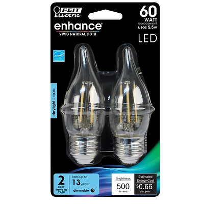 LED Light Bulbs, High-Powered Flame Tip, Clear, 500 Lumens, 6-Watts, 2-Pk.