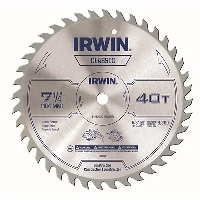 Irwin 15230ZR Classic Circular Saw Blade, 7-1/4 In, 40-Tooth Carbide