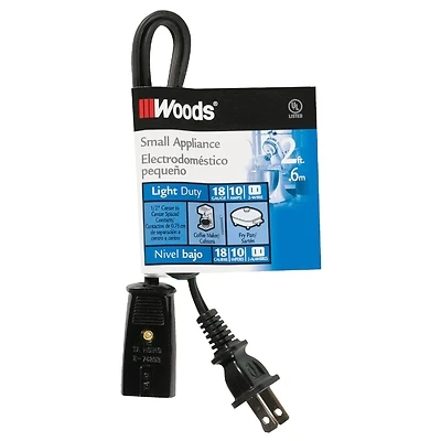 Woods 293 Mini Plug Appliance Cord, 2 Ft, 18/2, 10A