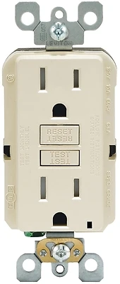 Leviton R96-GFTR1-0KT GFCI Duplex Receptacle, Polycarbonate, Light Almond, 2-Pole, 15 A, 125 V, Back, Side Wiring