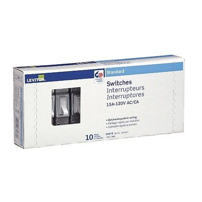 Leviton M24-01451-2WM Switch, 15 A, 120 V, Push-In Terminal, Thermoplastic Housing Material, White