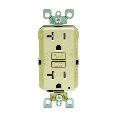 Leviton R91-GFTR2-0KI GFCI Duplex Receptacle, Thermoplastic, Ivory, 2-Pole, 20 A, 125 V, Back, Side Wiring