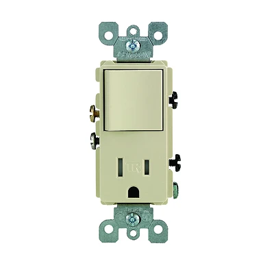 Leviton 5625 Series S01-T5625-0IS Combination Switch/Receptacle, 1-Pole, 15 A, 120 V Switch, 125 V Receptacle, Ivory