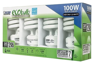 Feit Electric ESL23TM/4/RP CFL Bulb, A19 Soft White, 23W, 4 Pk