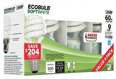 Ecobulb 13w A19 Cfl Bulb Soft White 2700k 825 Lumens 4 Pk