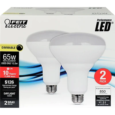 Feit Electric BR40DM85010KLD2 LED Bulb, 65W Equivalent, Daylight 5000K, Dimmable, 2 Pk