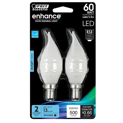 Feit Electric BPCFF60950CAFL2 Flame Tip LED Bulb, E12, 60W Equivalent, Daylight, 2-Pack