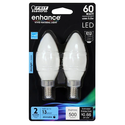 Feit Electric BPCTF60/950CA/FIL/2 Blunt Tip LED Bulb, E12 Base, 60W Equivalent, 2-Pk