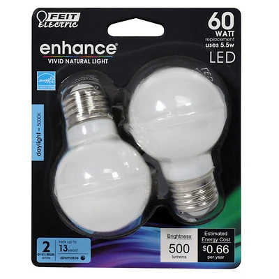 Feit Electric BPGM60950CAFL2R Enhance G16.5 LED Filament Bulb, 60W Equiv, Daylight, 2 Pk