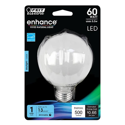 Feit Electric BPG2560W950CA G25 LED Bulb, 60W Equivalent, Dimmable, Daylight 5000K