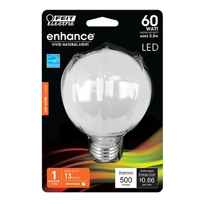 Feit Electric BPG2560W927CA G25 LED Bulb, 60W Equivalent, Dimmable, Soft White