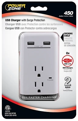 PowerZone ORUSB342S USB Charger, 3.4A, 2-Outlet, 450 Joules