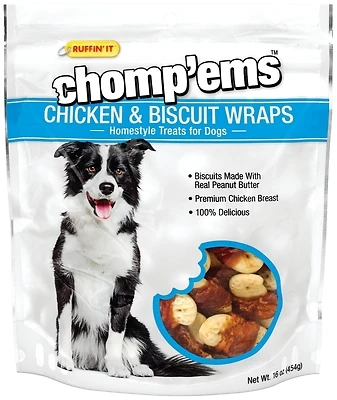 Ruffin'It Chomp'ems 8188 Chicken and Biscuit Wrap Dog Treats, Peanut Butter, 16 Oz