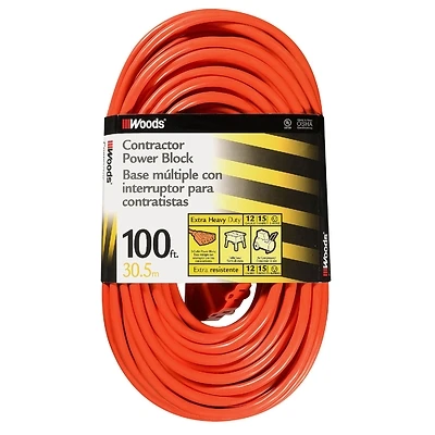 100 Ft. 12/3 Heavy-duty Orange Extension Cord With Power Block And 3 Outlets