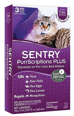 Sentry 02111 PurrScriptions Plus Flea & Tick Squeeze-On, Cats Over 5 Lbs, 6 Count