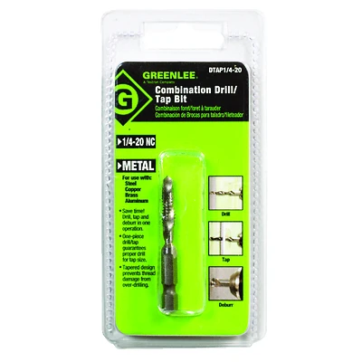 Greenlee DTAP1/4-20 Drill/Tap Bit, High Speed Steel, 1/4-20 NC, Hex Shank
