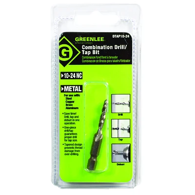 Greenlee DTAP10-24 Drill and Tap Bit, 10-24 NC, High Speed Steel, Hex Shank