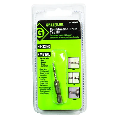 Greenlee DTAP6-32 Drill and Tap Bit, 6-32 NC, High Speed Steel, Hex Shank