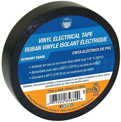 IPG 602 Electrical Tape, 3/4 In. x 60 Ft., Black Vinyl