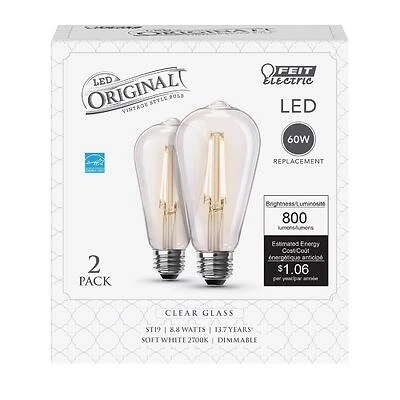 Feit ST1960/CL927CA2 ST19 LED Filament Bulb, 60W Equivalent, Soft White, 2-Pack