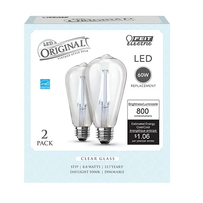 Feit ST19 E26 Filament LED Bulb, Daylight 60W Equiv, 800 Lumens, 2-Pk