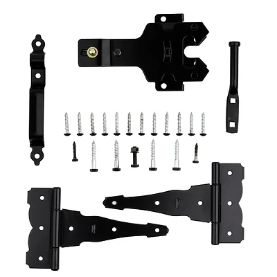 Deluxe Latch Decorative T-hinge Gate Kit, 2 T-hinges, 1 Latch, Black Steel