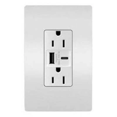 Pass & Seymour Duplex Outlet + USB Charger, Type A/C, White, 6.0A, 15-Amp