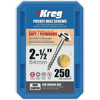 Kreg SML-C250-250 Pocket-Hole Screw, #8 Thread, 2-1/2 in L, Coarse Thread, Square Drive, Carbon Steel, 250/PK