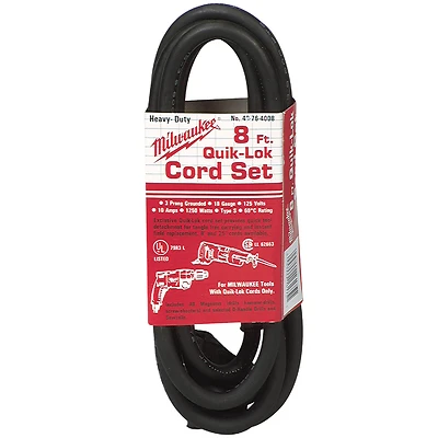 Milwaukee 48-76-4008 Quik-Lok Replacement Power Cord, 18 Gauge, 8 Ft.
