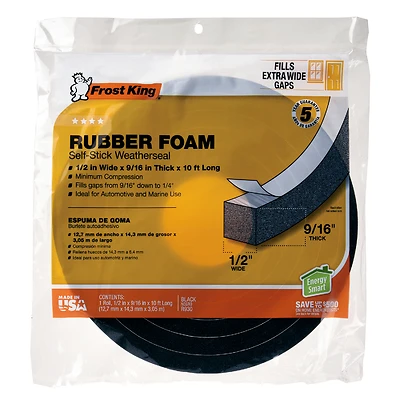 Rubber Foam Weatherseal Tape, 1/2W x 9/16 In. T x 10 Ft.